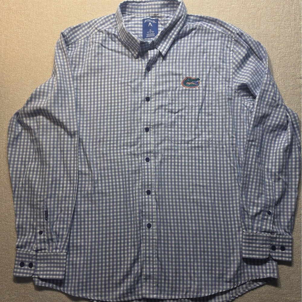 Antigua Mens XL Florida Gators Gingham Button Down Shirt Blue White